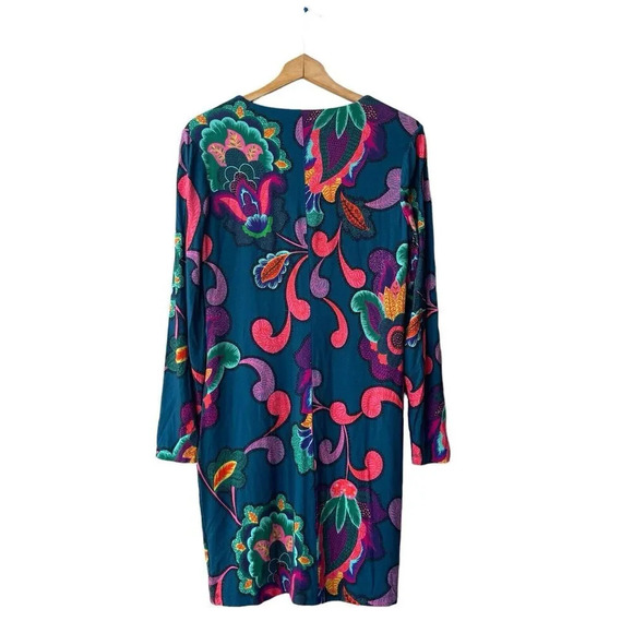 Trina Turk Camellia Shift Dress Women’s Size M Paisley Teal Long Sleeve Knit - Picture 2 of 3